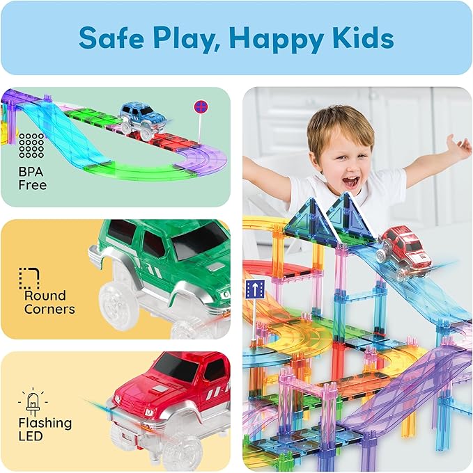 PicassoTiles 3 Magnetic Toy Cars Set Light Up LED Highly Detailed Compatible with Magnet Car Race Track STEM Truck Replacement Accessories Educational Building Kits for Toddlers Boys & Girls Ages 3+