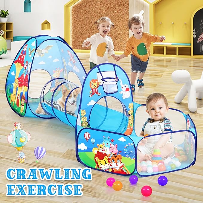 PigPigPen 3 in 1 Kids Play Tent with Tunnel and Ball Pit for Boys Girls, Toddler Pop Up Playhouse Toy for Indoor Outdoor (Jungle 3pc Play Tent)