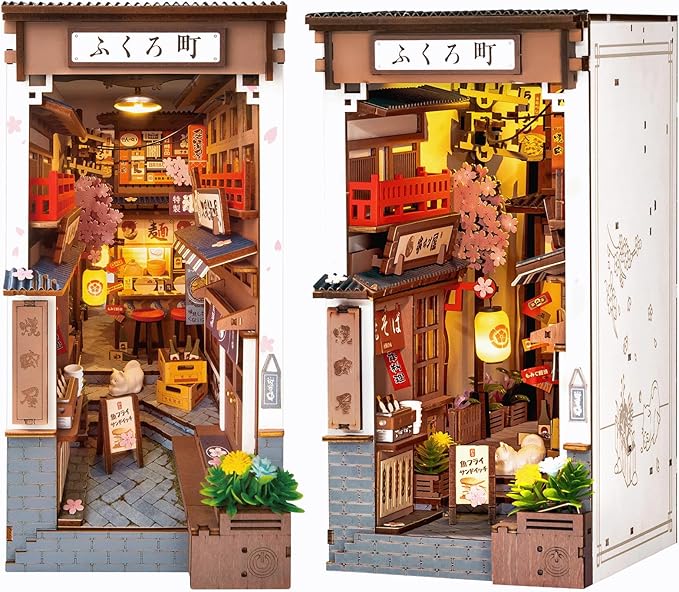 Rolife DIY Book Nook Kits for Adults, Miniature Dollhouse Booknook Kit, 3D Wooden Puzzle Creative Decorative Bookends Bookshelf Diorama Insert Crafts Hobbies Gifts (Sakura Wine Alley)