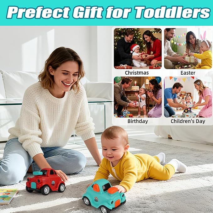 Inertial Push and Go Cartoon Car Toys for Toddlers 1-3, Friction Powered Race Vehicles for 6-9-12-18 Month, 1st Birthday Gift for 1-2 Year Old Boy Girl,Party Favor for Kids