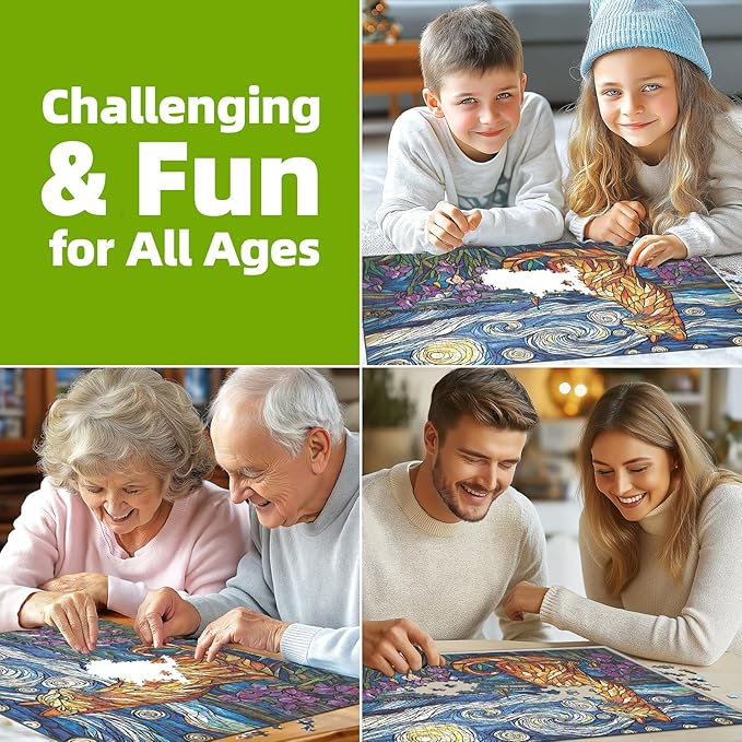Stained Glass Cat Puzzles for Adults 1000 Pieces Starry Night Impossible Hard Puzzle for Adults Beautiful Vintage Flowers Cats Art Jigsaw Puzzles 1000 Pieces Unique Challenging Family Puzzle