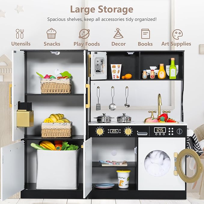 Kinder King Wooden Kids Play Kitchen, Toy Kitchen Playset for Toddler, Play Kitchen Set w/Transparent Coloring Board, Pretend Fridge, Washing Machine, Ice Maker, Gift for Boys Girls Age 3+, Black