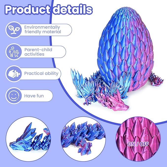 3D Printed Dragon Eggs with Articulated Fly Dragon Inside, Collectible Figurines Fidget Toy for Adults Kids Birthday Easter Christmas White Elephant Gifts for Friends Colleagues(Purple, L size)