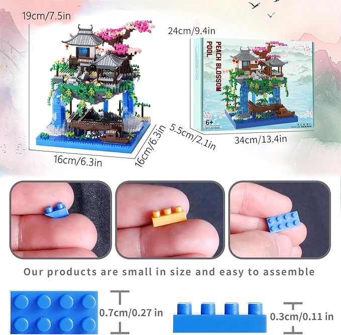 Cherry Blossom Treehouse Micro Mini Building Block Sets with Acrylic Display Box Japanese Bonsai Tree Peach Blossom Pool Architecture Building Model Toy Gift for Adults 2500 Pieces