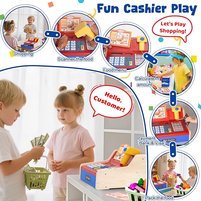 Rechargeable Wooden Cash Register for Kids, Pretend Play Calculator Cash Register Toys with Scanner, Play Money&Credit Card, Play Cash Register, Toddler Boys Girls Age 2-4 4-8