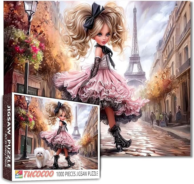 Tucocoo Paris Girl and Fluffy Dog Puzzle for Adults 1000 Piece, Art Puzzle with Eiffel Tower, Romantic Paris Street Scene Jigsaw, Challenging and Decorative Puzzle Gift, 27x20 Inch
