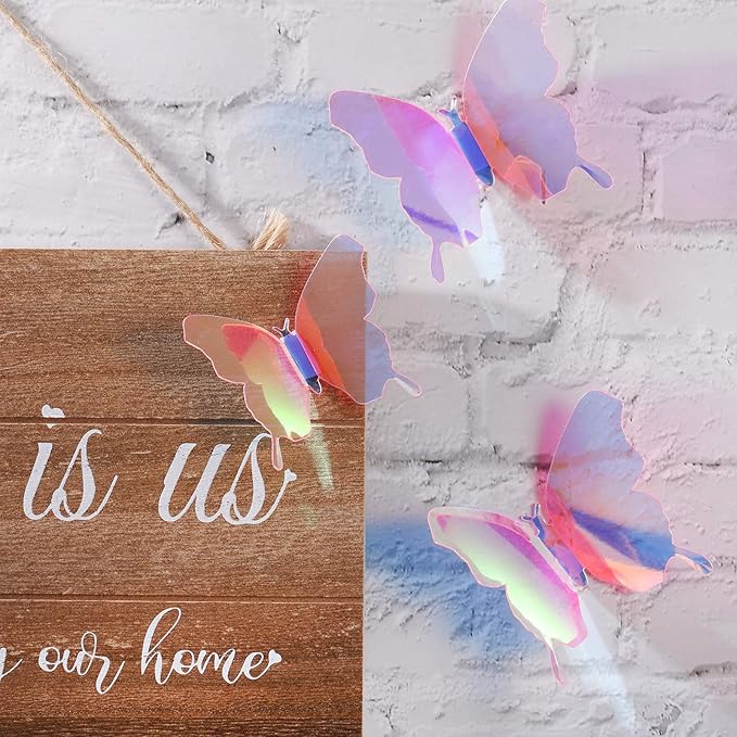 BBTO 48 Pieces Butterfly Wall Decor DIY Mirror 3D Butterfly Stickers Removable Decals for Home Bedroom School Bathroom Living Room Decor(Transparency Colorful Pink)