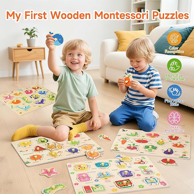 Wooden Peg Puzzles for Toddlers, 4 PCS Toddler Puzzles Set-Fruits, Sea Animals, Home Appliances, Vegetables, Baby Puzzle Montessori Toys for 3 4 5 Years Boys Girls, Kids Preschool Learninng Toys Gift