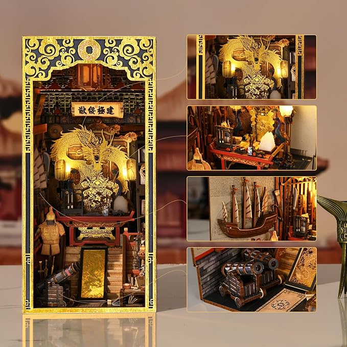 DIY Book Nook Kit, DIY Miniature Dollhouse Booknook Kit, 3D Wooden Puzzle Bookend Bookshelf Insert Decor with LED Light for Teens and Adults (The Emperor’s Study)