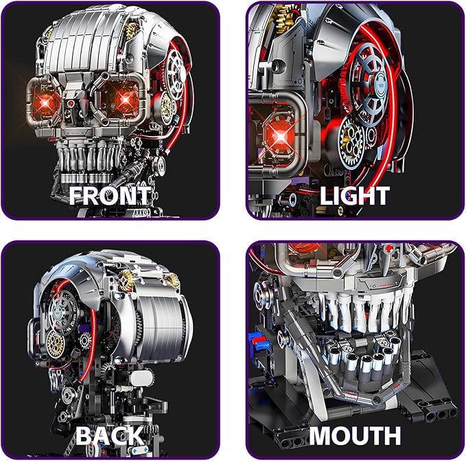 Mechanical Skull Building Block Set 3D Poseable Model with Mandibular Teeth Bite Drive can be driven by hand or motor for STEM Toys for Kids & Adults Perfect for Horror Fans & Gothic Room Decor