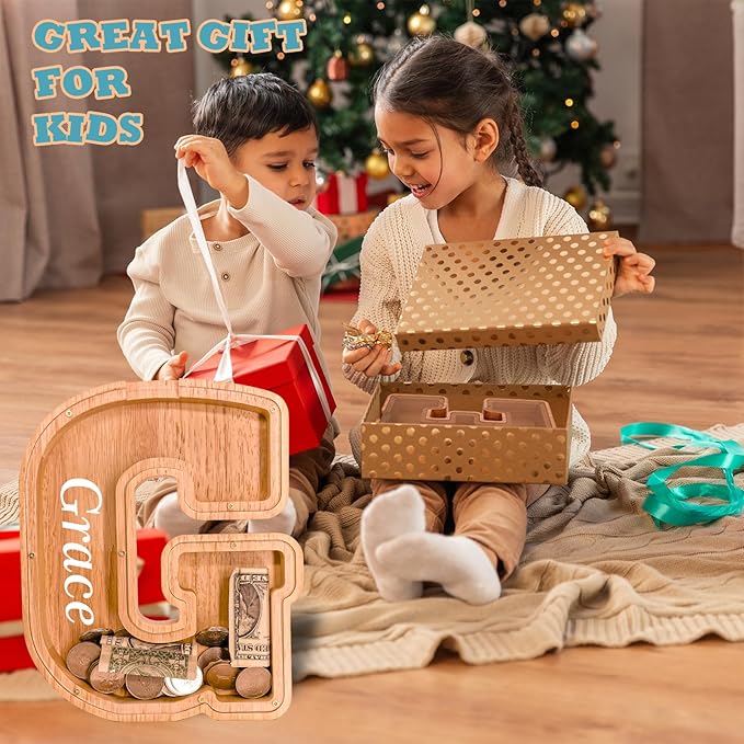 Wooden Letter Piggy Bank for Kids Larger Letter Piggy Bank for Boys and Girls Personalized Piggy Bank Initial Coin Bank Wood Kids Money Bank for Birthday and Festival