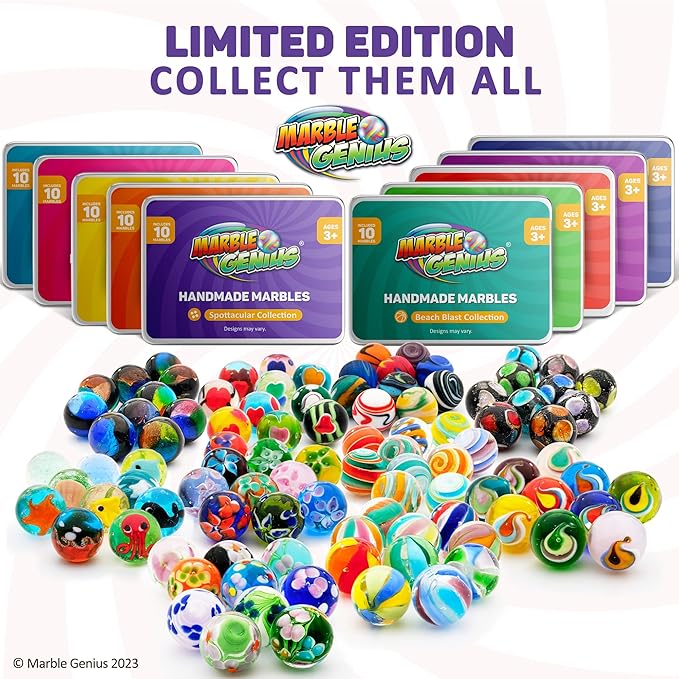 Marble Genius Collectors Marbles, Ribbons, 16mm (⅝ Inch), 10 Handmade Glass Marbles, Gifts for Marble Lovers, Gifts for Kids Ages 3+