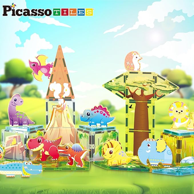 PicassoTiles Magnet Tiles Set Magnetic Building Blocks Safari Animals Dinosaur Theme with 16 Action Figure Construction Blocks STEM Toys Education Preschool Toy for Toddlers Boys Girls Ages 3+ PTQ28