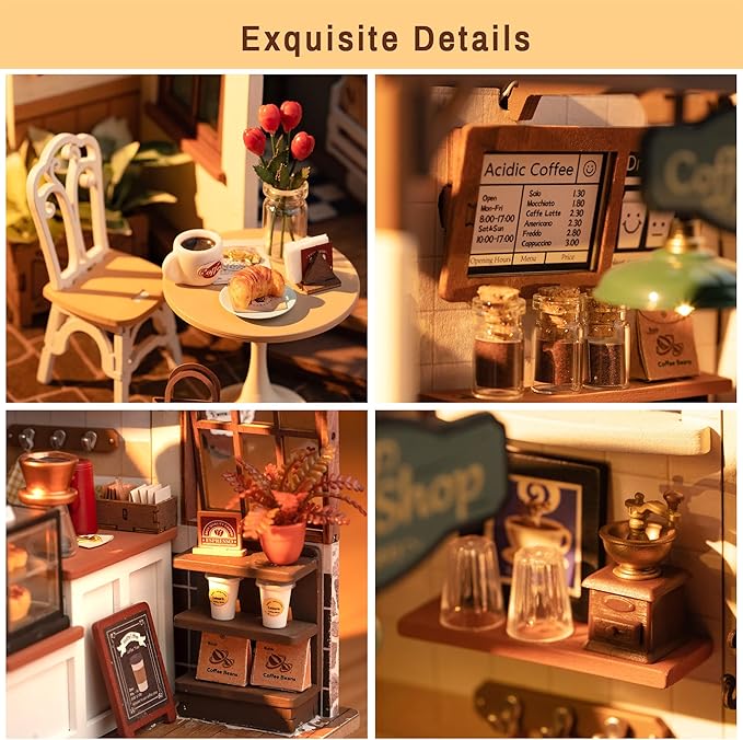 Rolife Coffee Shop Miniature Dollhouse Kit with LED Lights - DIY Crafts for Adults, Birthday Gifts and Hobbies