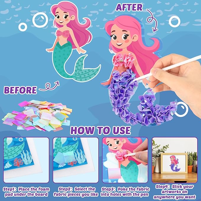 8PCS Poke-in Craft and Art Kit for Kids Mermaid Theme No-Mess Fabric Sewing Art for Girls Boys 4-12 Puzzle Puncture Painting DIY Ocean Sea Animals Toy Gifts for Activity Game Birthday Party