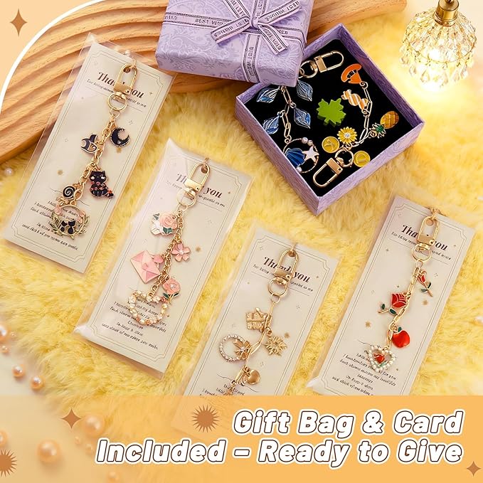 Wurosi 52 Set Lip Gloss Keychain Making Kit, Gold Keychain Clips Hooks with Extender Chain, Gift Bags, Thank You Cards, 5M Hemp Rope, for DIY Key Chain Making Crafts