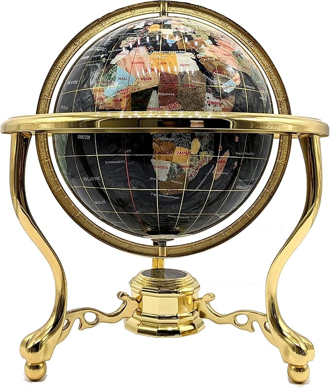 Limited Edition! Unique Art Since 1996 Black Pearl Swirl Table Top Gemstone World Globe with Tripod Gold Zinc Alloy Stand (BLACK PEARL WITH GOLD TRIPOD)