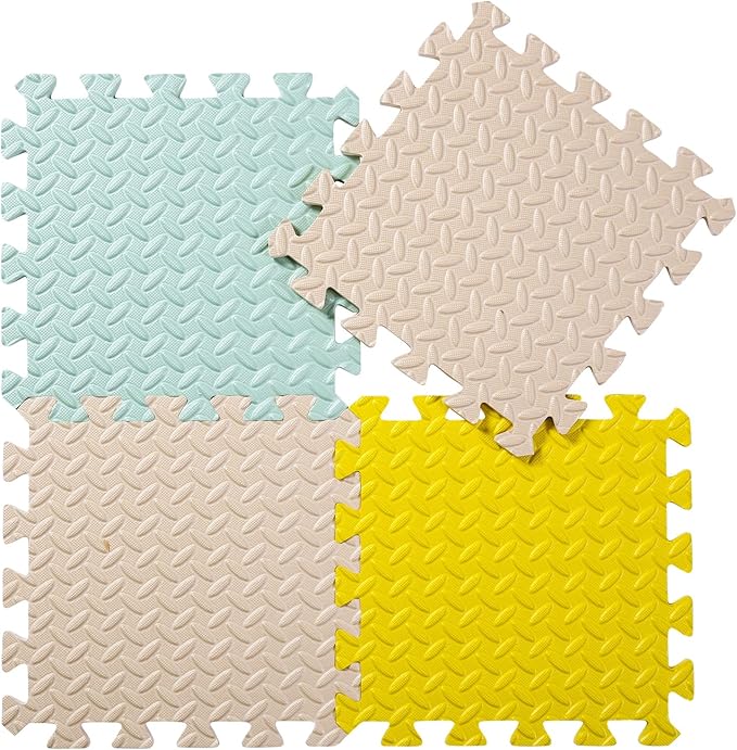 Foam Floor Mats for Kids, 12 x 12 Inch 16 Tiles 0.4" Thickness Foam Play Mat, Non-Toxic Square Interlocking Floor Mats Rubber Baby Play Mat for Toddlers(Beige/Yellow/Bean Green)