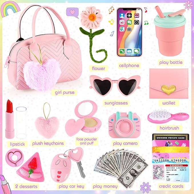 Play Purse for Little Girls Toddler, 35PCS Toddler Purse with Pretend Makeup for Kids, Girl Toys Princess Toy Includes Handbag, Phone, Kids Toy Purse Christmas Birthday Gift for Girls 3 4 5 6 7 8+