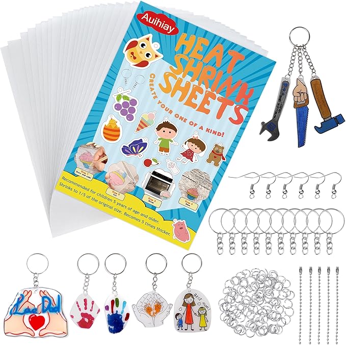 Auihiay 145 Pieces Shrink Plastic Sheet Kit Include 20 PCS Shrinky Paper with 125 PCS Keychains Accessories for Kids Creative Craft, Easter Mother Day Ornament