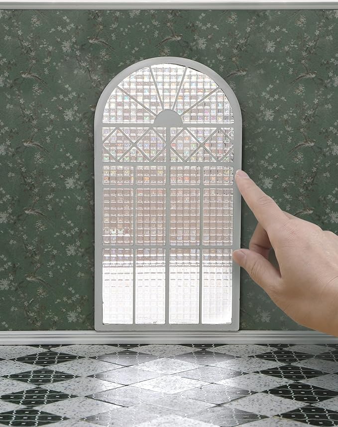 iLAND 1/12 Scale Accessories of Dollhouse Window, Wooden DIY Dollhouse Building Supplies, Complete Miniature Window Kit w/Wooden Frame & Grid Pattern PVC Film