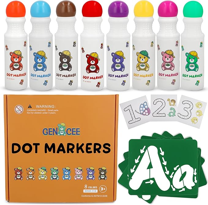 8 Washable Non-Toxic Dot Art Marker for Children Early Education, Fun Art Bingo Daubers Supplies with Alphabet Stencils and Activity Sheets