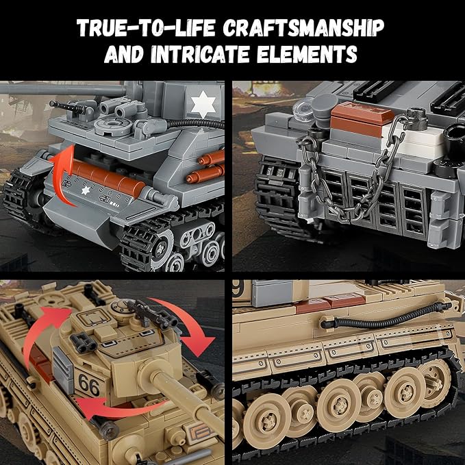2-in-1 Army Tank Toy Building Set, Includes German Tiger and American Sherman Models, Compatible with Lego Army Sets, Military Building Blocks Set for Kids 8-14 (1184 Pieces)