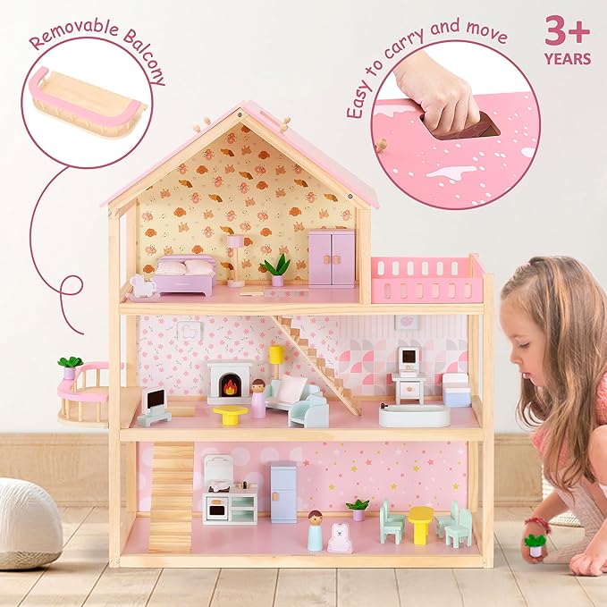 Large Wooden Dollhouse, 3-Story Doll House with 38-Pcs Furniture & Accessories, Open-Concept Floors, Balcony, Flip-Over Snow Roof, Pretend Play Doll House Gift for Kids Ages 3+