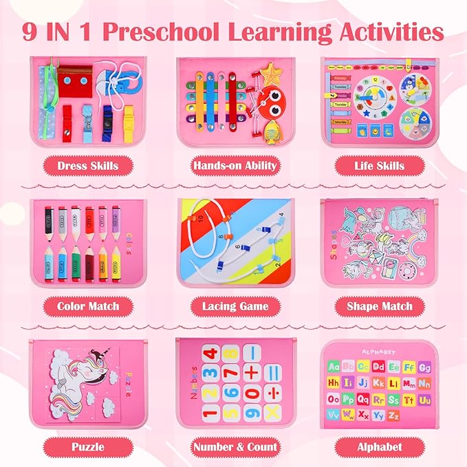 Busy Board, Montessori Toys for 1 2 3 4 Year Old Girl Birthday Gifts, Educational Sensory Toy for Learning Activities Fine Motor Skills, Road Trip Airplane Travel Toys for Toddlers Kids Age 1-3 2-4