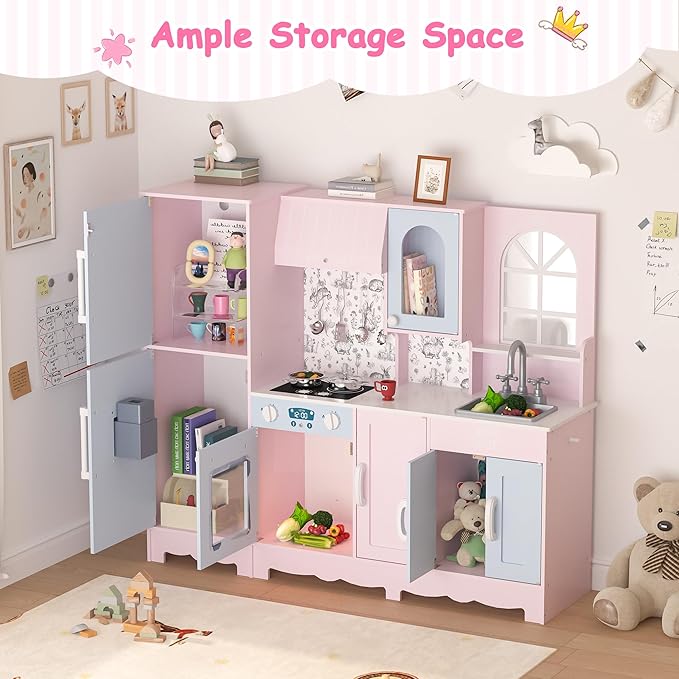 Play Kitchen for Kids, Wooden Kids Kitchen Playset w/Faucet, Sink, Stove, Oven, Window, Cookware, Storage Cabinets, Toddler Role Play Kitchen Pretend Play Toy Set Gift for Girls Boys Ages 3+