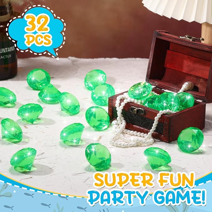 Zomiboo 16 Pcs Acrylic Diamond Large Gems Pirate Round Treasure Toy Gems Treasure Round Gemstones Acrylic Diamond Shaped Gemstones for Home Table Vase Fillers Party Decor (Green)
