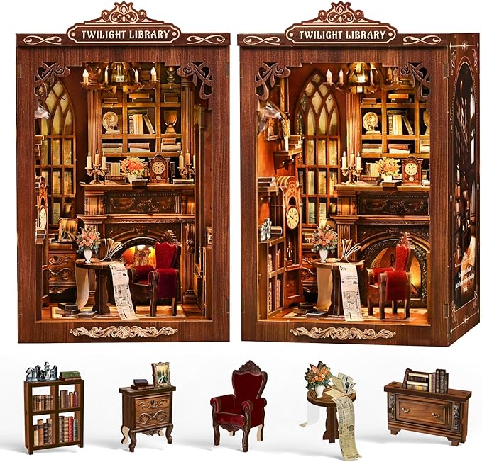 Book Nook，Sagiterra Dollhouse Kit，DIY Miniature Kit for Adults and Teens，3D Wooden Book Shelf Decoration for Family and Friends，Bookshelf Decor in Halloween/Christmas (Magic Twilight Library)