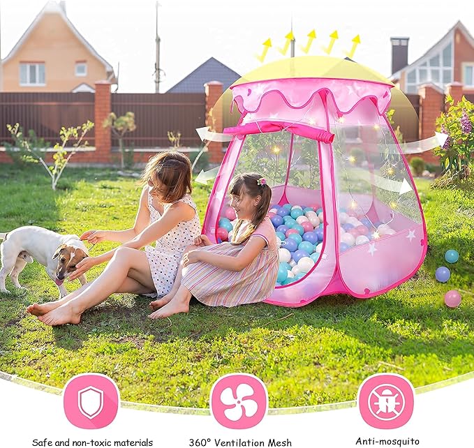 Princess Tent Girls Kids Playhouse Pop Up Play Tent with Star Light Tent for Kids Ball Pit Toys for 1,2,3 Years Girl Birthday Gift for Indoor Outdoor Toddler Girl Gift, Easy to Pop Up and Assemble