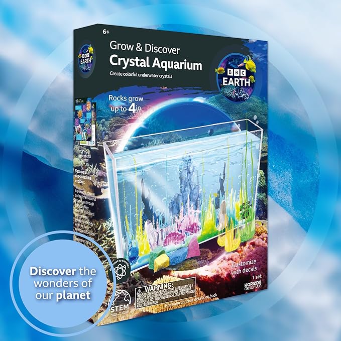 BBC Earth Grow & Discover Crystal Aquarium, Grow Colorful Cave-Like Crystal Formations Inside Reusable Tank, Magic Rocks, STEM Toys, Unique Crystal Growing kit, Science Experiments for Kids 6-8