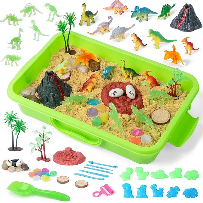 Dinosaur Sensory Bin Toy for Toddlers and Play Sand Set for Kids Include Glow in The Dark Dinosaur Ages 3-6+