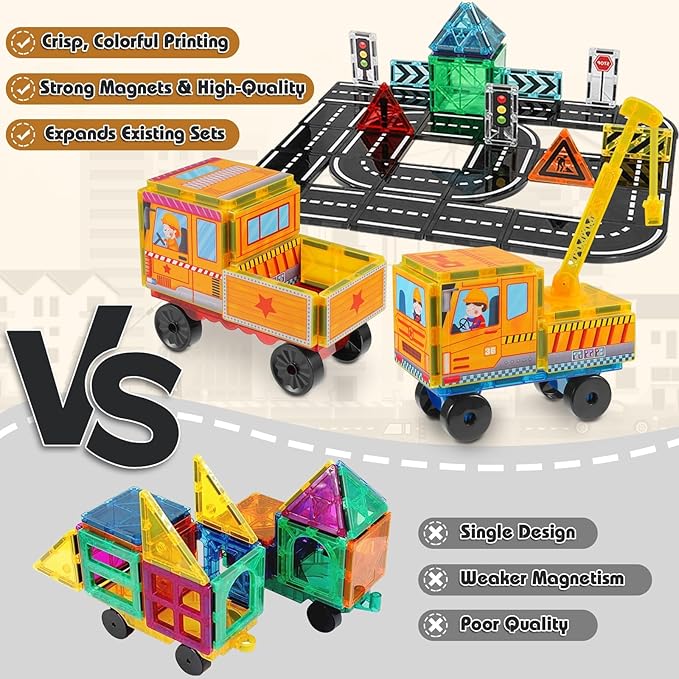 Magnetic Tiles Cars Construction Set - 19 PCS Magnetic Tiles Magnet Bricks Truck Sensory Toys, Educational Magnet Cars Set Building Blocks for 3 4 5 6 7 8+ Year Old Girls Boys Toddler Expansion Set