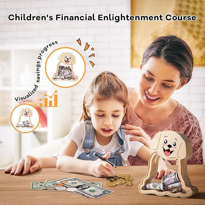 Wooden Dog Piggy Bank for Kids with Letter Sticker, Cute Labrador Wood Money Box, Unbreakable Coin Bank for Boys, Girls, Money Jar Personalizable Birthday Gift, Educational Toy for Kids