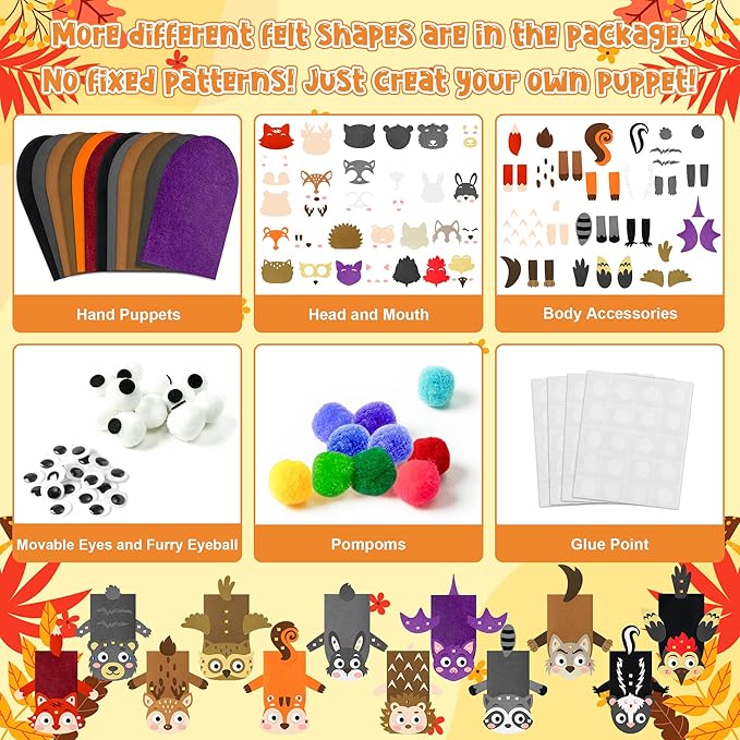 WATINC 12Pcs Hand Puppet Making Kit, Art Craft Felt Sock Puppet Toys, Creative DIY Make Your Own Pompoms Wiggle Googly Eyes Storytelling Role Play Party Supplies Gift for Girls Boys (Woodland Animals)