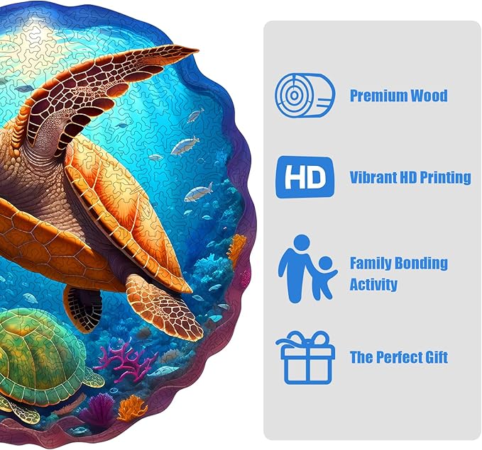 Wooden Jigsaw Puzzle 500 Pieces for Adults - Circular Sea Turtle Art Puzzle with Underwater Ocean Scene (Corals, Fish), Challenging Family Leisure Game, Unique Home Decor & Gift Idea