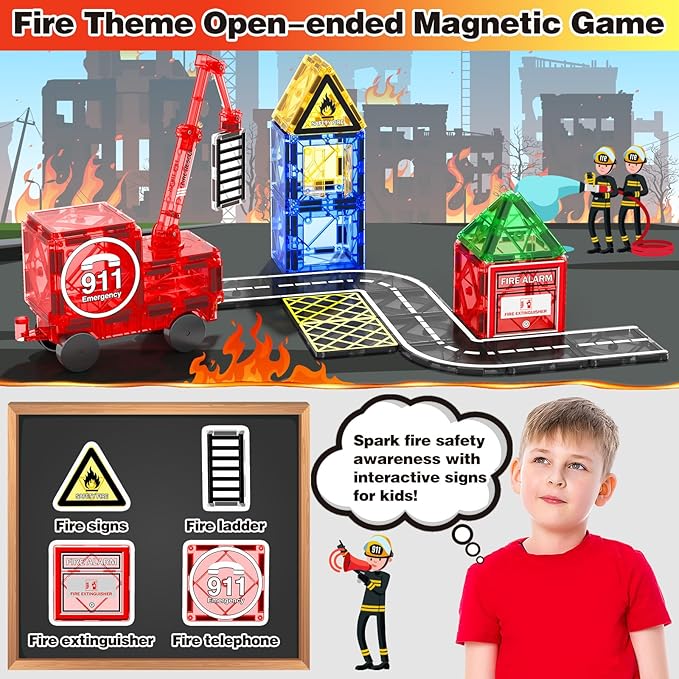 Magnetic Tiles Road Set with Magnetic Crane Edition, Magnet Building City Fire Kids Car Toys for 3 4 5 6 7 Years Old Boys Girls, Magworld Kids Games Construction STEM Toys for Boys Gifts