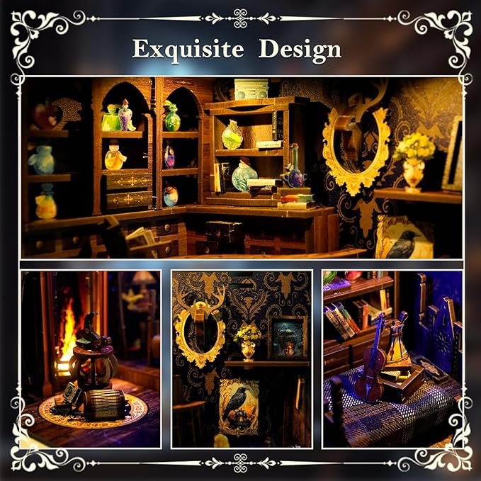 DIY Book Nook Kit Wooden Miniature Magic Potion House Kit 3D Wooden Bookends Miniature House Book Nook Kit for Adults Bookshelf Insert Decor with LED Lights Wood Crafts