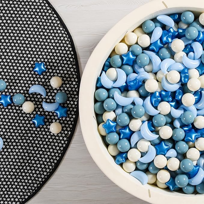 GOGOSO Ball Pit Balls Stars Moon Shapes Plastic Pitballs for Toddler Play Tent Baby Photo Props Kids Pool Water Toys Kiddie Pool Party Decor, Pearl Blue+Cream Blue+White,500PCS