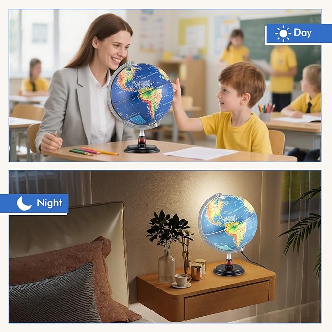 Goplus 12 Inch Illuminated World Globe, Antique Light up Rotating Globe Night Lamp with Wooden Stand, Geography Educational Desktop Decoration for Kids Adults Home Office School (Antique-Navy)