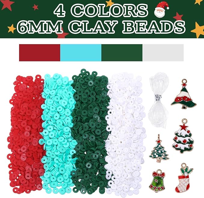 Christmas Bracelet Making Kit, 3500Pcs Clay Beads with Elastic String & 5 Random Charms, Christmas Gifts for Teens.