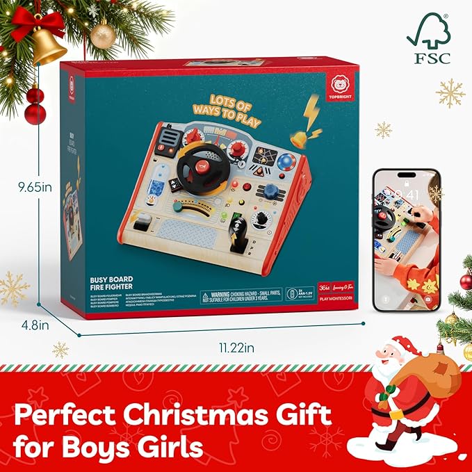 TOP BRIGHT Busy Board with LED Light, Sensory Toys with Sounds & Switches, Montessori Wooden Toys for 3 4 5 Year Old, Car Driving Toy for Toddler Boy, 3 Year Old Girl Boy Gifts for Birthday Christmas
