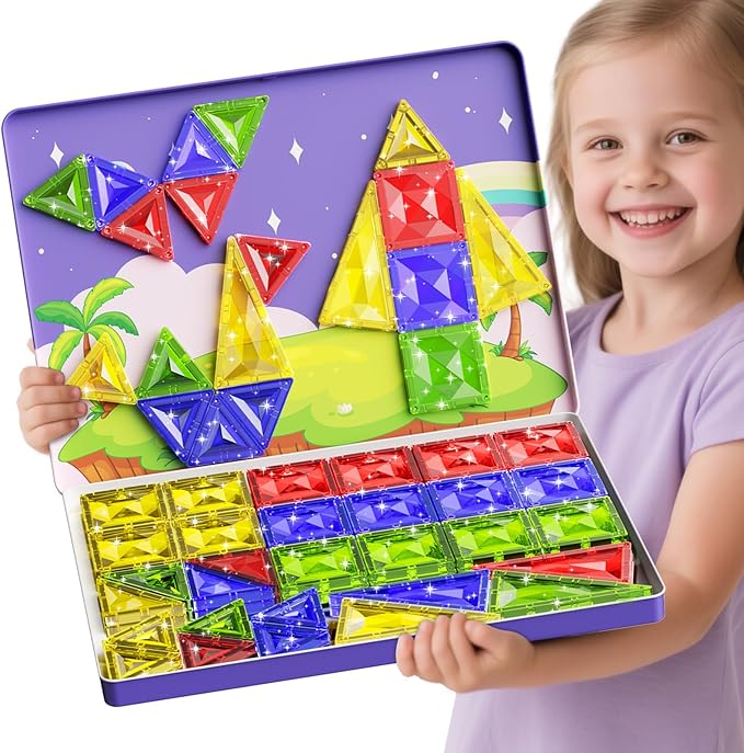 60pcs Diamond Magnetic Tile, Mini Magnetic Building Blocks Magnet Toy with Iron Box, STEM Educational Montessori Indoor Building Kit for Toddlers Preschool Boys Girls Age 3+ Classroom Must Haves