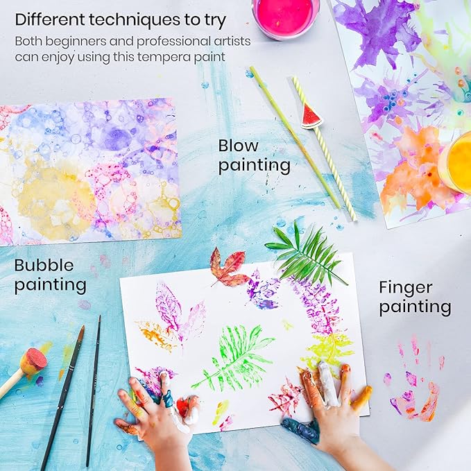 ARTEZA 16 Kids Tempera Paint Set, 13.5 oz/400 ml, Non-Toxic Washable Tempera Paint Bottles, Kids Art Supplies