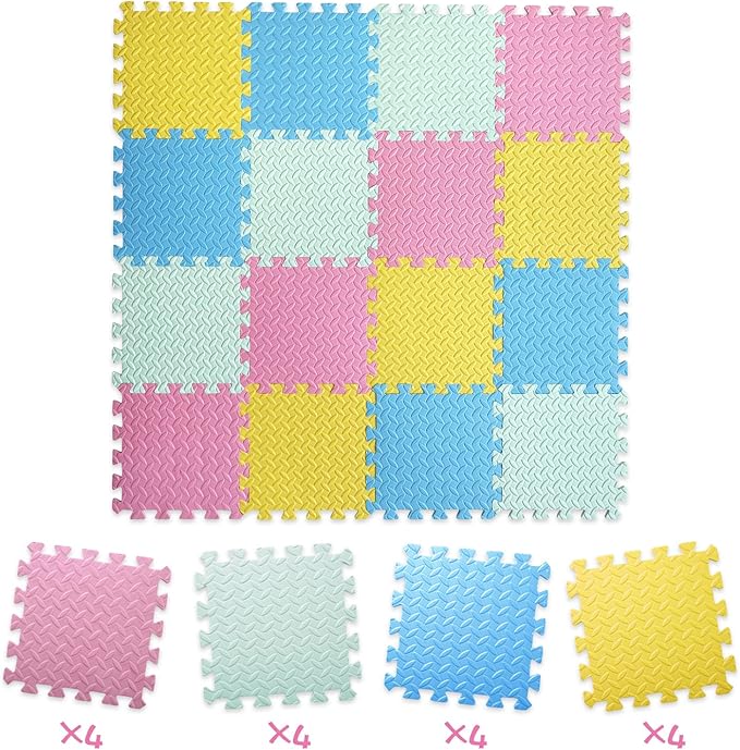 16 Tiles Foam Play Mat for Baby, Soft & Safe EVA Foam Mats for Floor, Square Baby Play Mat, Colored Kids Foam Puzzle Floor Mat, 47x47 Play Mat for Playpen(Pink/Yellow/Light Blue/Green)