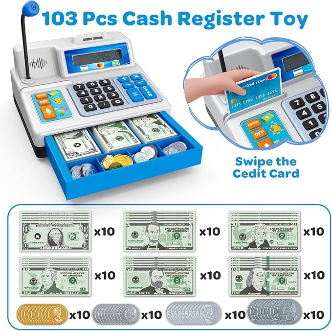Calculator Cash Register - 103 Pcs Toy Cash Register, Store Set with Microphone, Credit Card and Banking for Kids, Early Math Skills Toys Gifts for 3, 4, 5, 6 7 8+ Years Old Boy Girl