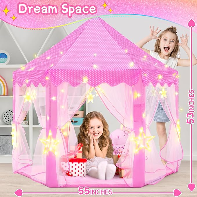 EVOIONOS Princess Tent for Girls, Castle Tent for Girls, Princess Castle Play Tent with Large Star Lights, Kids Tent Indoor Playhouse, Pink Girls Tent, 55 x 53 inches